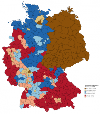 Germania. Appartenenza religiosa: cattolici (tonalità di rosso), protestanti (tonalità di blu) e non-religiosi (marrone).